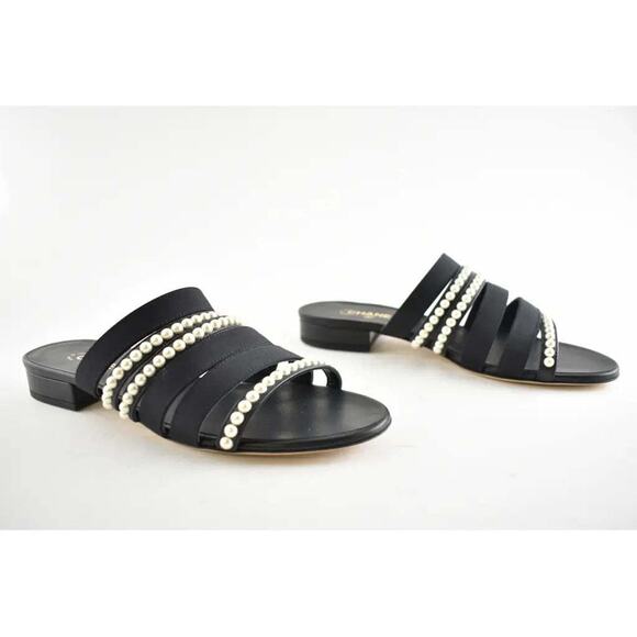 Chanel 20P Black White Pearl Strap CC Logo Slide Slip On Sandal Mule Flat 36 - Picture 2 of 9